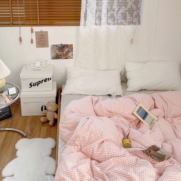 91家纺网 家纺一手货源 找家纺 安莱生活 2021新款水洗棉全棉单品被套 清新嫩粉格