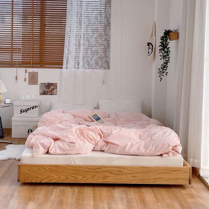 91家纺网 家纺一手货源 找家纺 安莱生活 2021新款水洗棉全棉单品被套 清新嫩粉格