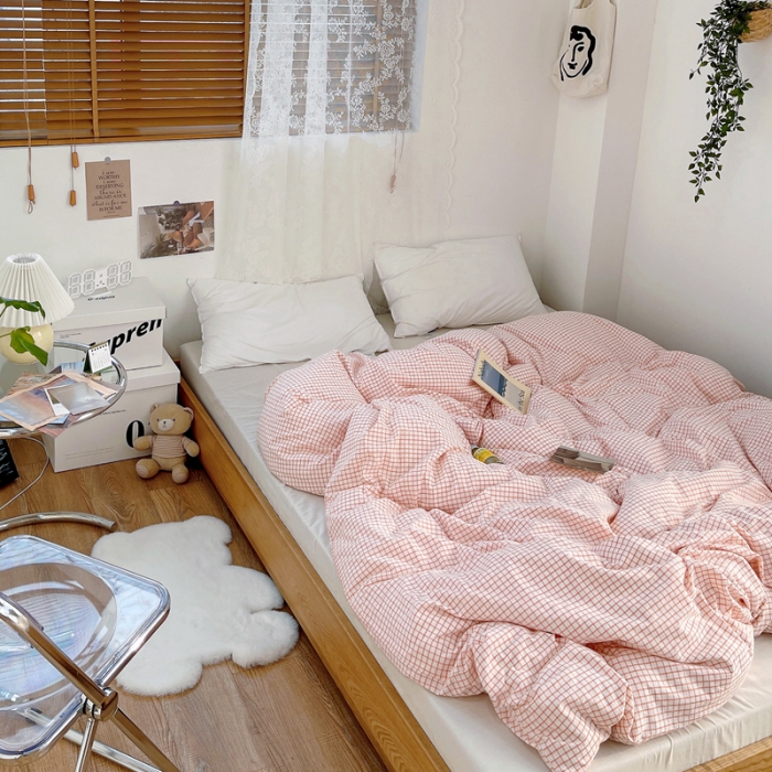 91家纺网 家纺一手货源 找家纺 安莱生活 2021新款水洗棉全棉单品被套 清新嫩粉格