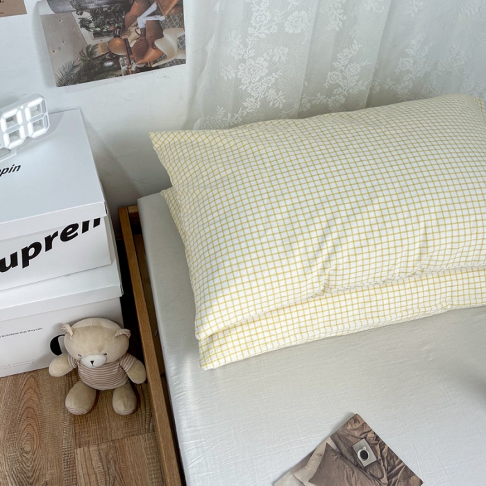 91家纺网 家纺一手货源 找家纺 安莱生活 2021新款水洗棉全棉单枕套 清新姜黄格