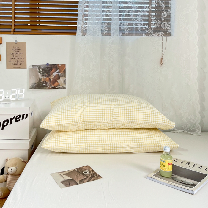 91家纺网 家纺一手货源 找家纺 安莱生活 2021新款水洗棉全棉单枕套 清新姜黄格