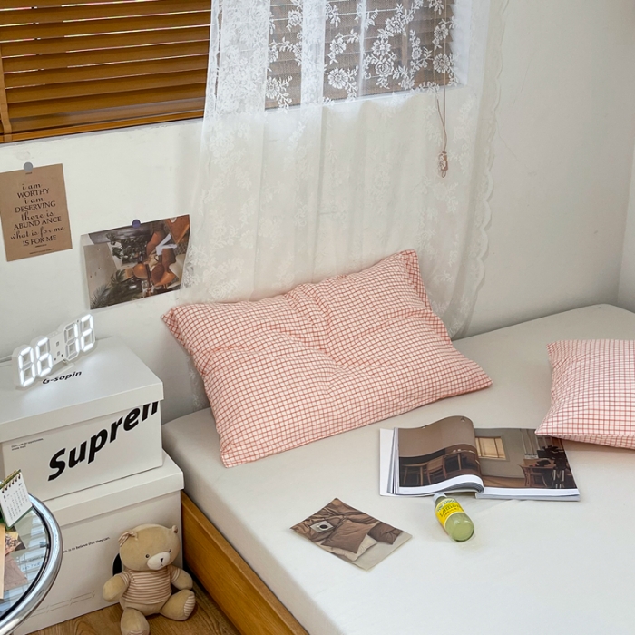 91家纺网 家纺一手货源 找家纺 安莱生活 2021新款水洗棉全棉单枕套 清新嫩粉格