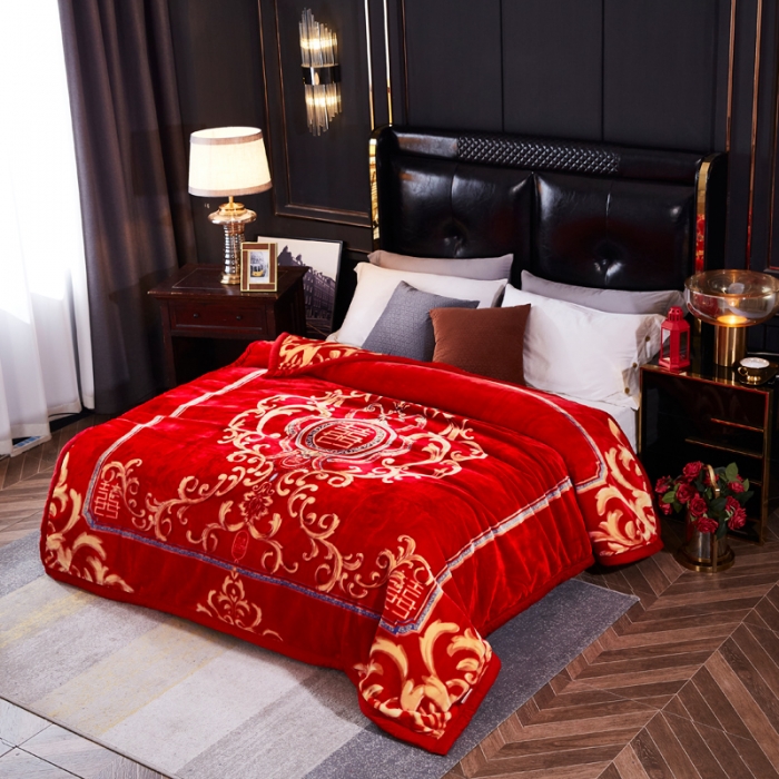 91家纺网 家纺一手货源 找家纺 凯轩毛毛毯毯子 2024新款婚庆云毛毯毯子 双喜临门