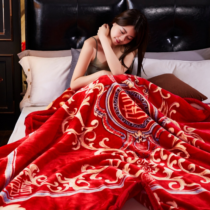 91家纺网 家纺一手货源 找家纺 凯轩毛毛毯毯子 2024新款婚庆云毛毯毯子 双喜临门