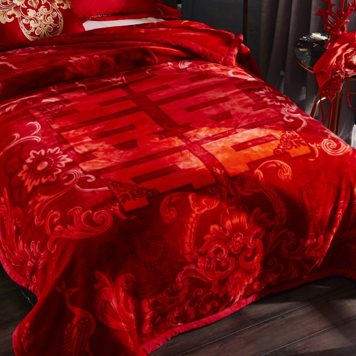 91家纺网 家纺一手货源 找家纺 凯轩毛毛毯毯子 2024新款婚庆云毛毯毯子 我家有喜