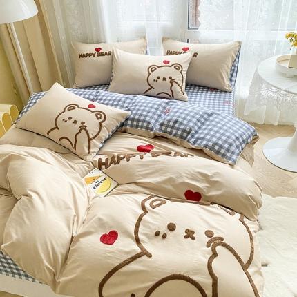 澳梵家居 2021新款全棉卡通大版毛巾绣四件套 害羞熊-卡其
