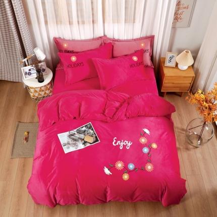 91家纺网 家纺一手货源 找家纺 玖玖爱 2021新款宝宝绒四件套花开朵朵系列 玫红