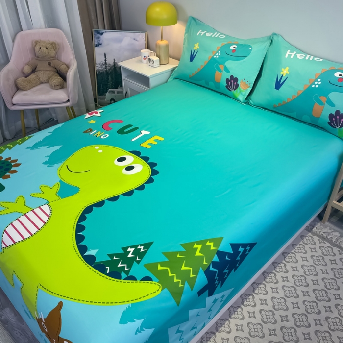 91家纺网 家纺一手货源 找家纺 金爱家 2021新款全棉大版单品床单 恐龙-绿