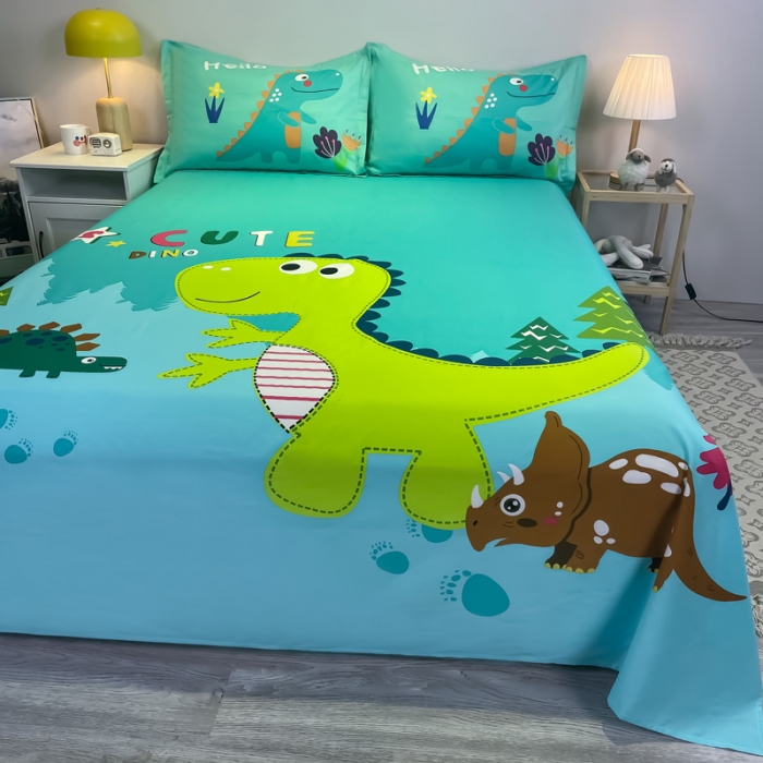 91家纺网 家纺一手货源 找家纺 金爱家 2021新款全棉大版单品床单 恐龙-绿