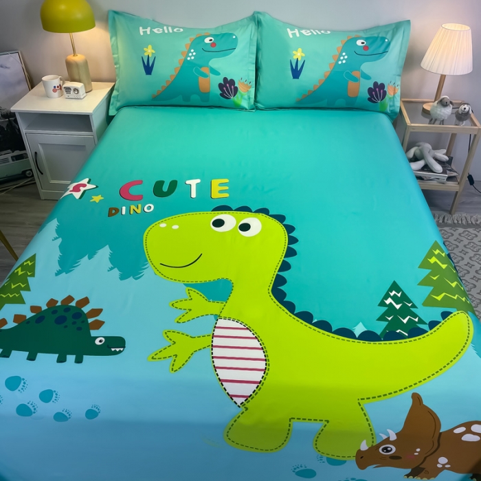 91家纺网 家纺一手货源 找家纺 金爱家 2021新款全棉大版单品床单 恐龙-绿