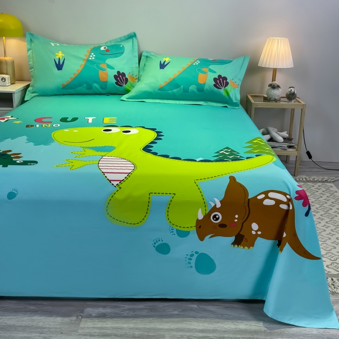 91家纺网 家纺一手货源 找家纺 金爱家 2021新款全棉大版单品床单 恐龙-绿