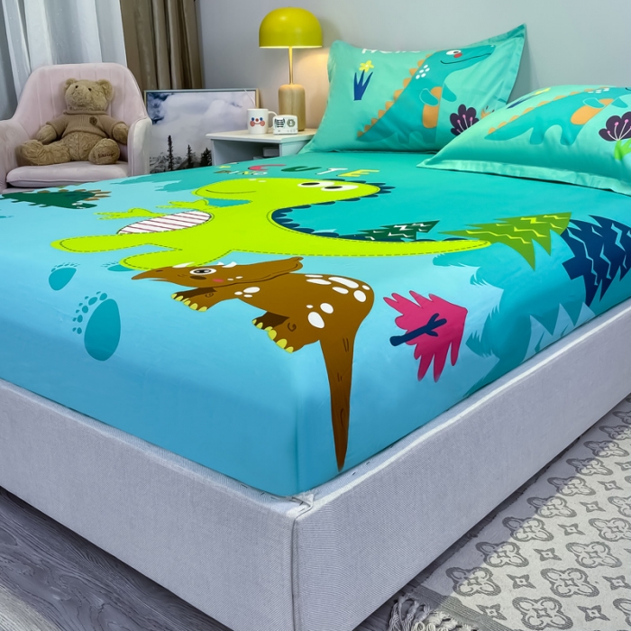 91家纺网 家纺一手货源 找家纺 金爱家 2021新款全棉大版单品床笠 恐龙-绿