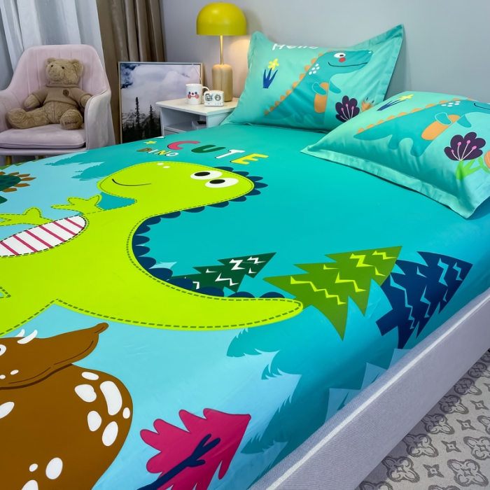 91家纺网 家纺一手货源 找家纺 金爱家 2021新款全棉大版单品床笠 恐龙-绿