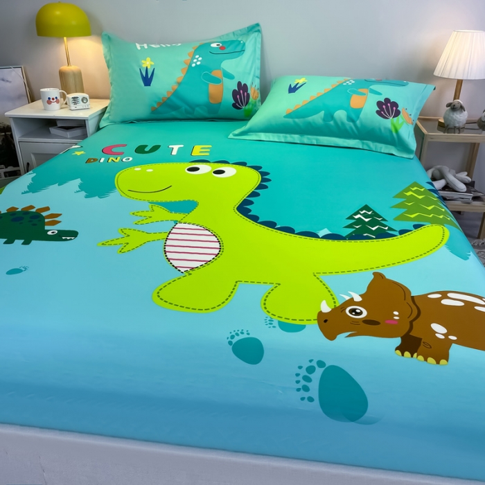 91家纺网 家纺一手货源 找家纺 金爱家 2021新款全棉大版单品床笠 恐龙-绿