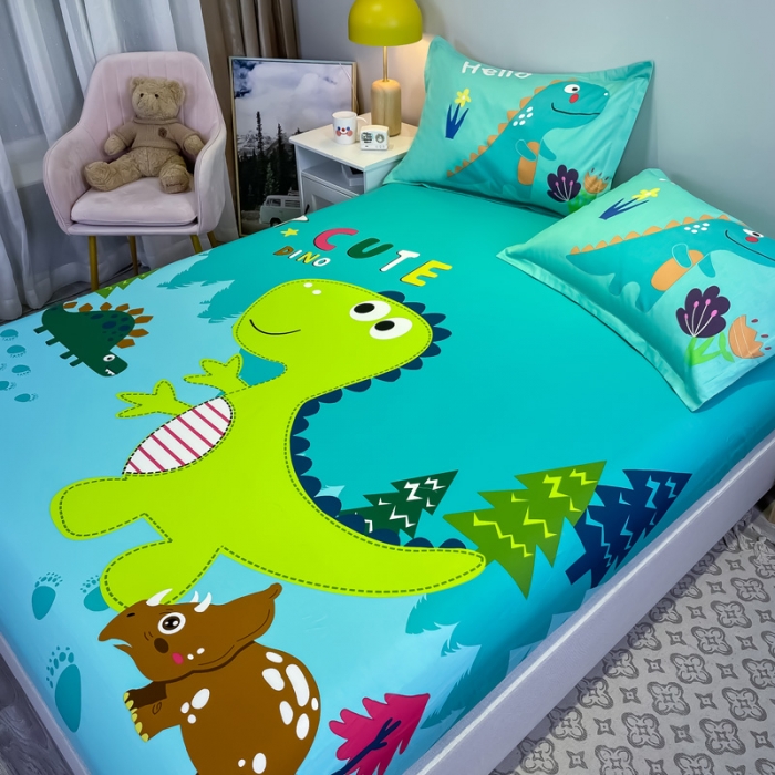 91家纺网 家纺一手货源 找家纺 金爱家 2021新款全棉大版单品床笠 恐龙-绿