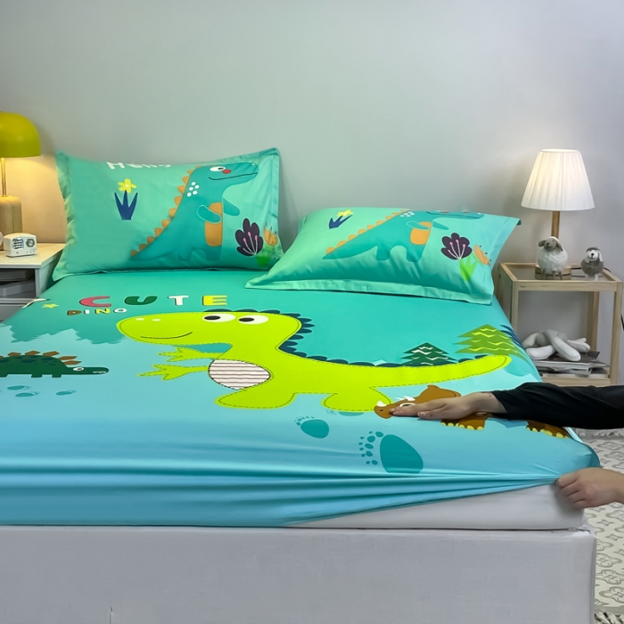 91家纺网 家纺一手货源 找家纺 金爱家 2021新款全棉大版单品床笠 恐龙-绿