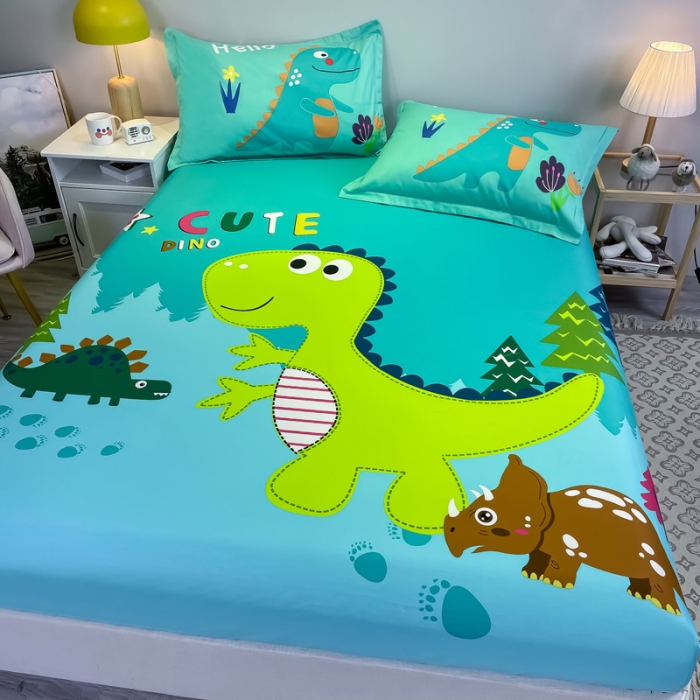 91家纺网 家纺一手货源 找家纺 金爱家 2021新款全棉大版单品床笠 恐龙-绿