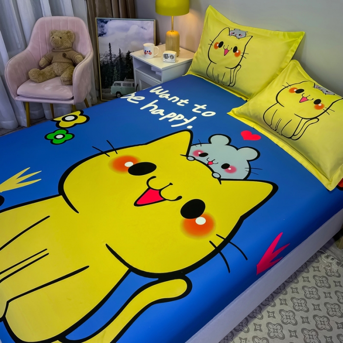 91家纺网 家纺一手货源 找家纺 金爱家 2021新款全棉大版单品床笠 萌咪