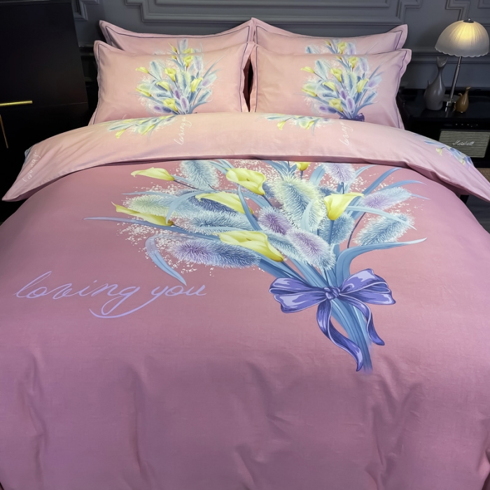 91家纺网 家纺一手货源 找家纺 金爱家 2021新款大版磨毛花卉系列四件套 初见-粉