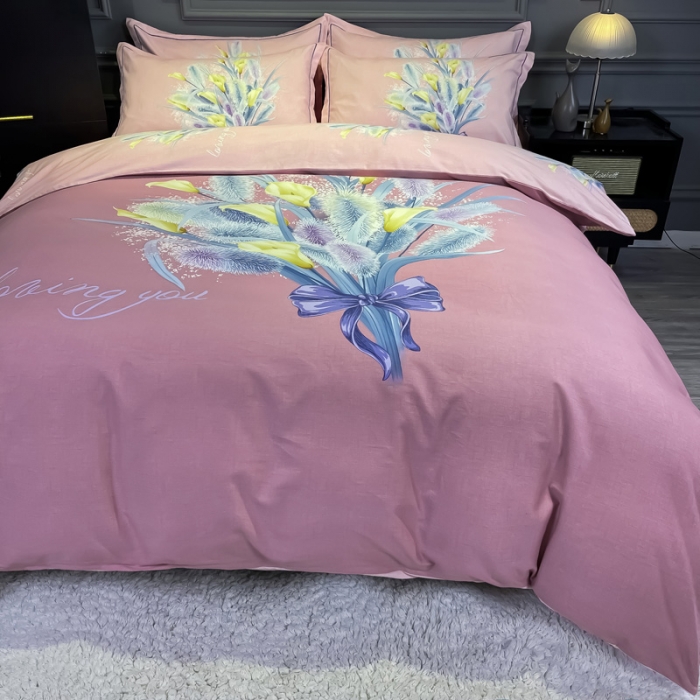 91家纺网 家纺一手货源 找家纺 金爱家 2021新款大版磨毛花卉系列四件套 初见-粉