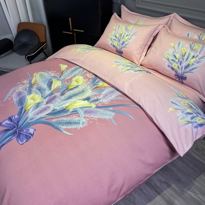 91家纺网 家纺一手货源 找家纺 金爱家 2021新款大版磨毛花卉系列四件套 初见-粉