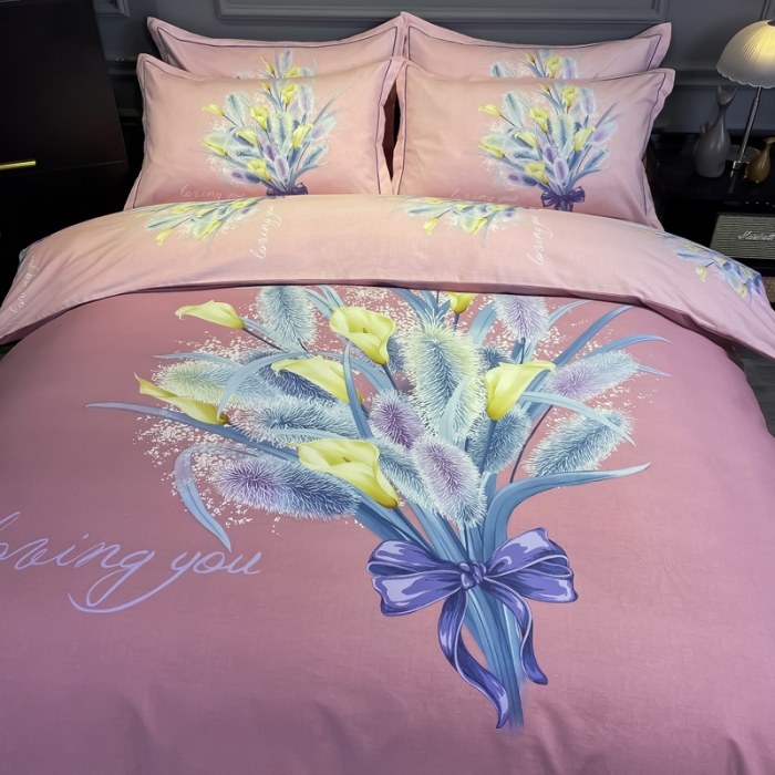 91家纺网 家纺一手货源 找家纺 金爱家 2021新款大版磨毛花卉系列四件套 初见-粉