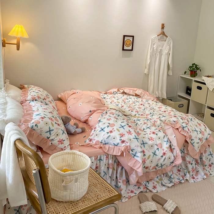 91家纺网 家纺一手货源 找家纺 绵庭家纺 2024新款全棉喷气床裙款四件套 粉黛佳人粉