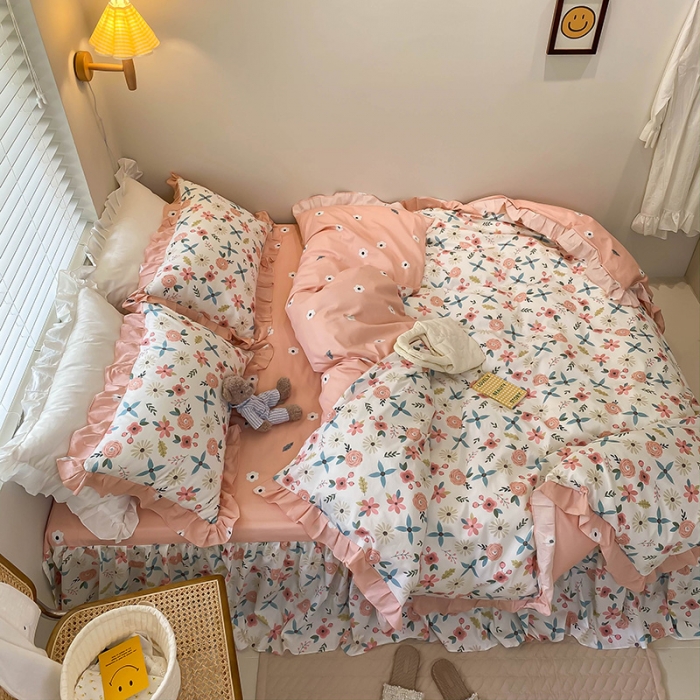 91家纺网 家纺一手货源 找家纺 绵庭家纺 2024新款全棉喷气床裙款四件套 粉黛佳人粉