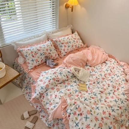 绵庭家纺 2024新款全棉喷气床裙款四件套 粉黛佳人粉