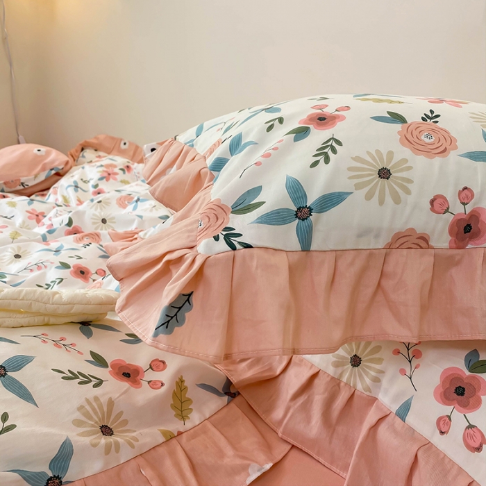 91家纺网 家纺一手货源 找家纺 绵庭家纺 2024新款全棉喷气床裙款四件套 粉黛佳人粉