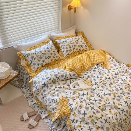 91家纺网 家纺一手货源 找家纺 绵庭家纺 2024新款全棉喷气床裙款四件套 粉黛佳人黄