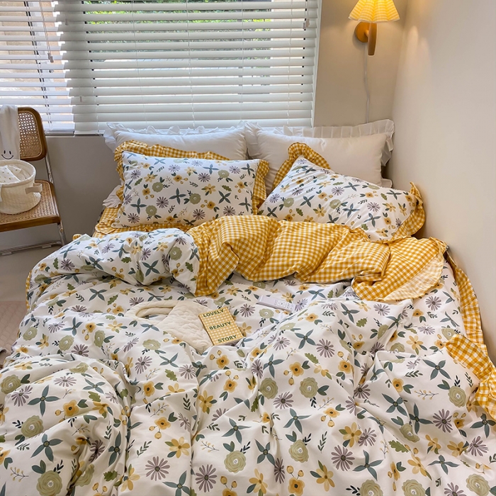 91家纺网 家纺一手货源 找家纺 绵庭家纺 2024新款全棉喷气床裙款四件套 粉黛佳人黄