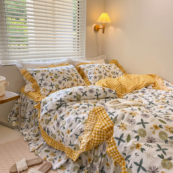 91家纺网 家纺一手货源 找家纺 绵庭家纺 2024新款全棉喷气床裙款四件套 粉黛佳人黄