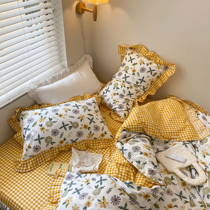 91家纺网 家纺一手货源 找家纺 绵庭家纺 2024新款全棉喷气床裙款四件套 粉黛佳人黄