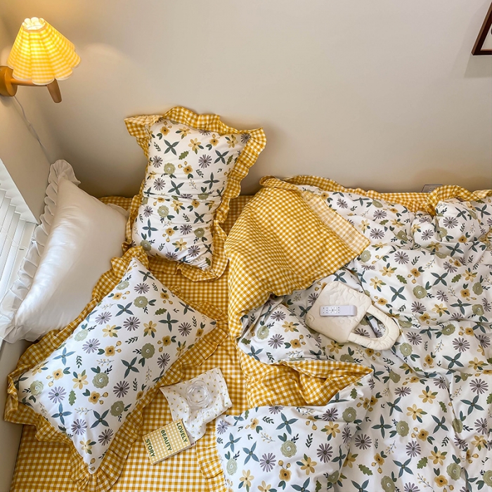 91家纺网 家纺一手货源 找家纺 绵庭家纺 2024新款全棉喷气床裙款四件套 粉黛佳人黄