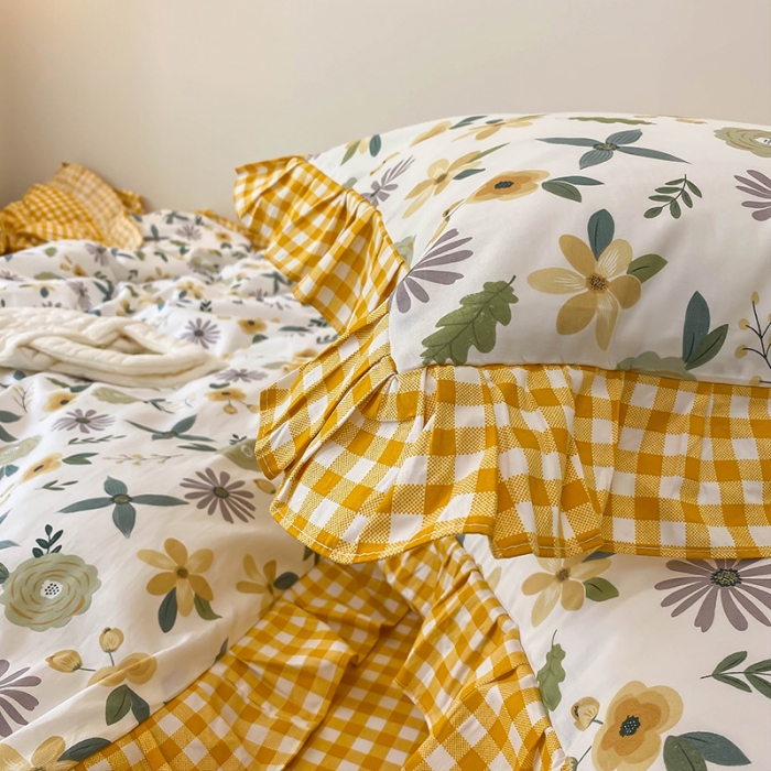 91家纺网 家纺一手货源 找家纺 绵庭家纺 2024新款全棉喷气床裙款四件套 粉黛佳人黄