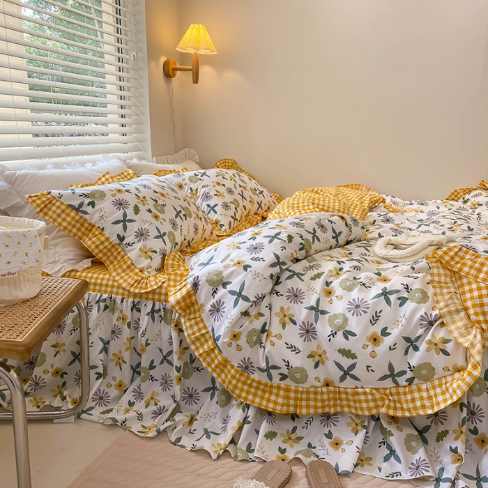 91家纺网 家纺一手货源 找家纺 绵庭家纺 2024新款全棉喷气床裙款四件套 粉黛佳人黄