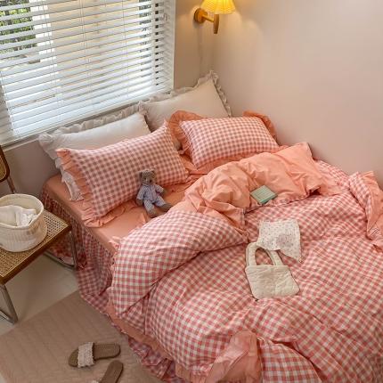 91家纺网 家纺一手货源 找家纺 绵庭家纺 2024新款全棉喷气床裙款四件套 粉小格