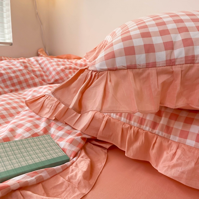 91家纺网 家纺一手货源 找家纺 绵庭家纺 2024新款全棉喷气床裙款四件套 粉小格