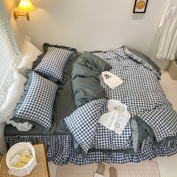 91家纺网 家纺一手货源 找家纺 绵庭家纺 2024新款全棉喷气床裙款四件套 黑小格