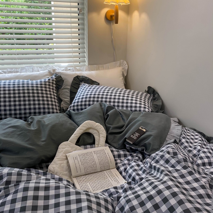 91家纺网 家纺一手货源 找家纺 绵庭家纺 2024新款全棉喷气床裙款四件套 黑小格