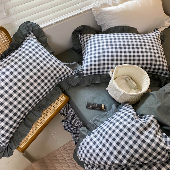 91家纺网 家纺一手货源 找家纺 绵庭家纺 2024新款全棉喷气床裙款四件套 黑小格