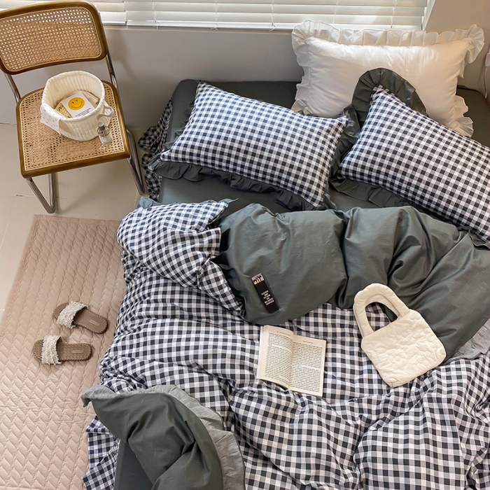 91家纺网 家纺一手货源 找家纺 绵庭家纺 2024新款全棉喷气床裙款四件套 黑小格