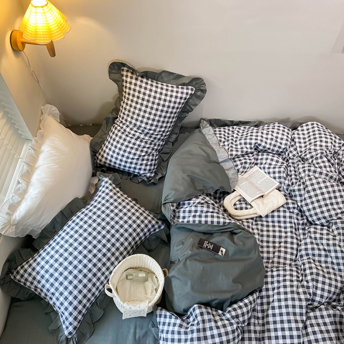 91家纺网 家纺一手货源 找家纺 绵庭家纺 2024新款全棉喷气床裙款四件套 黑小格