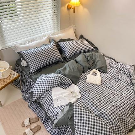 绵庭家纺 2024新款全棉喷气床裙款四件套 黑小格