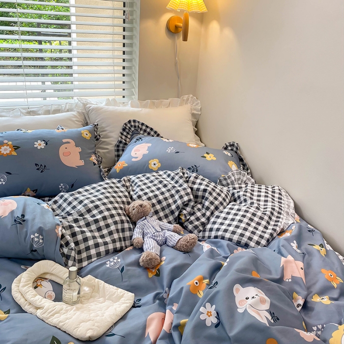 91家纺网 家纺一手货源 找家纺 绵庭家纺 2024新款全棉喷气床裙款四件套 花小兔