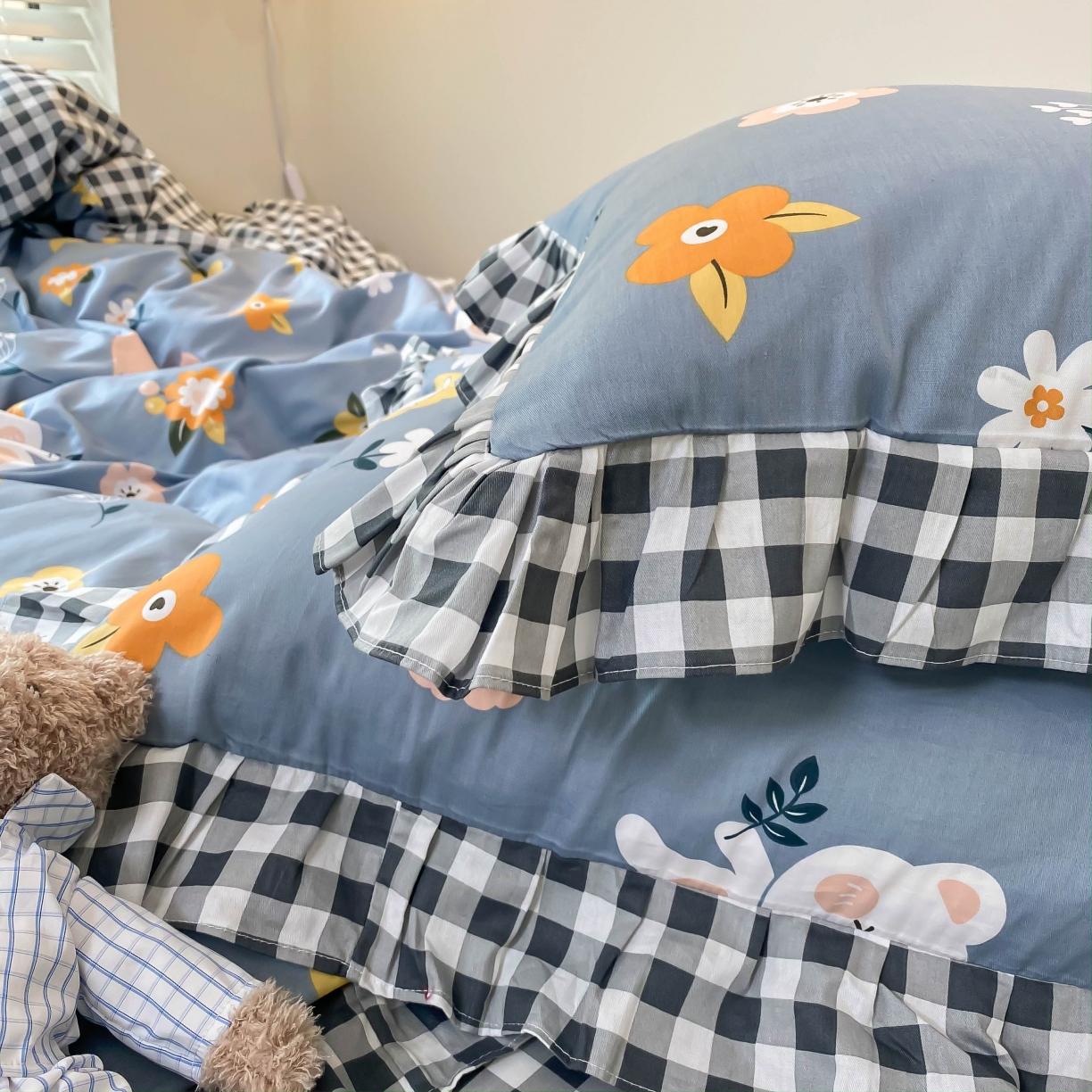 91家纺网 家纺一手货源 找家纺 绵庭家纺 2024新款全棉喷气床裙款四件套 花小兔