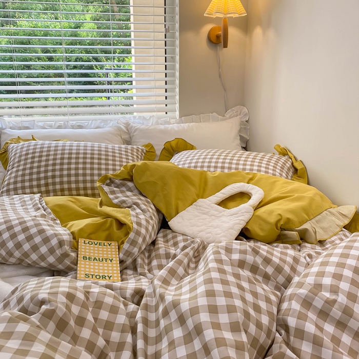 91家纺网 家纺一手货源 找家纺 绵庭家纺 2024新款全棉喷气床裙款四件套 卡其小格