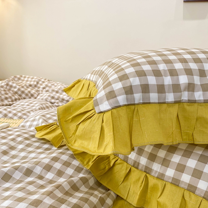 91家纺网 家纺一手货源 找家纺 绵庭家纺 2024新款全棉喷气床裙款四件套 卡其小格