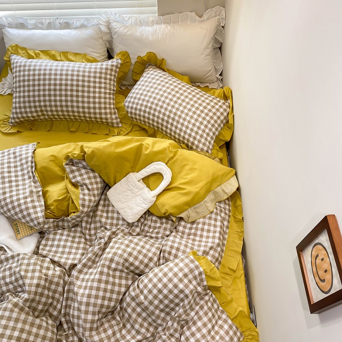 91家纺网 家纺一手货源 找家纺 绵庭家纺 2024新款全棉喷气床裙款四件套 卡其小格